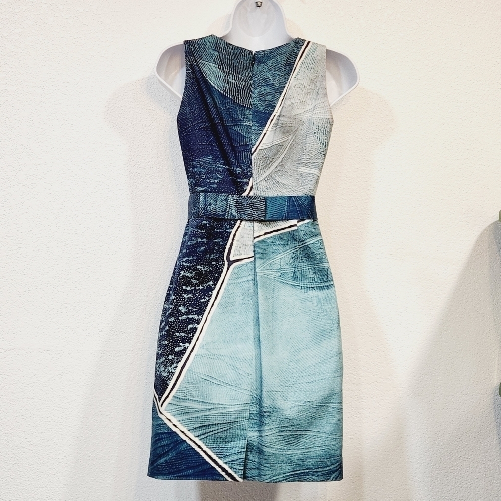 ELIE Tahari Rare Aquamarine dark blue liquid marble Sheath Dress Size 0 - Picture 5 of 11